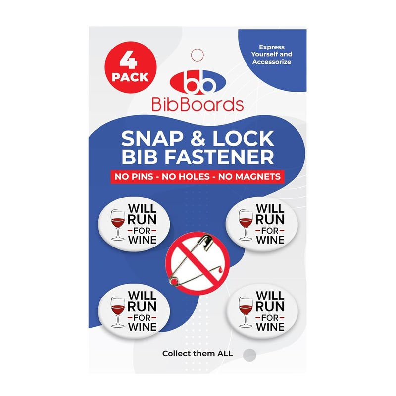 BibBoards مشابك رقم السباق bibSNAPS - مشابك أمان - تأمين أرقام الجري، الماراثون، ركوب الدراجات، والفعاليات، غير مغناطيسية، سهلة الاستخدام وقابلة لإعادة الاستخدام، بديل للدبابيس والمغناطيس - سأركض من أجل النبيذ (4 قطع) - Image 1